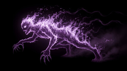 Digital illustration of a menacing purple spectral creature on a black background