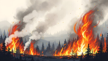 Devastating wildfire engulfing a dense forest landscape with smoke and flames