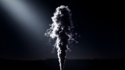 Dramatic plume of smoke rising against a dark background with a spotlight