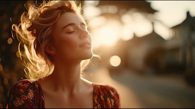 Sun-kissed Serenity: A radiant woman closes her eyes, basking in the golden glow of the setting sun, finding peace and tranquility.
