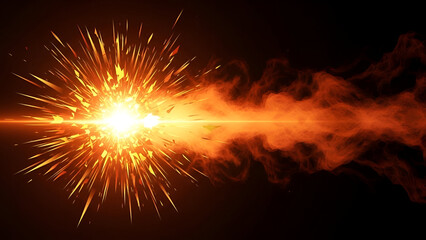 Explosive energy stream with bright flash and orange smoke on black background