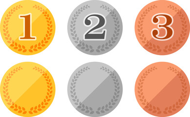 ランキングのメダルのセット。金、銀、銅。（Medals golden silver bronze ranking award 1st, 2rd, 3rd place）
