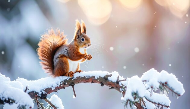 Charming red squirrel perched on a snow-laden branch in a glistening winter forest, basking in the soft sunlight