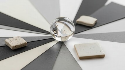 Crystal ball rests on color swatches with stone texture samples