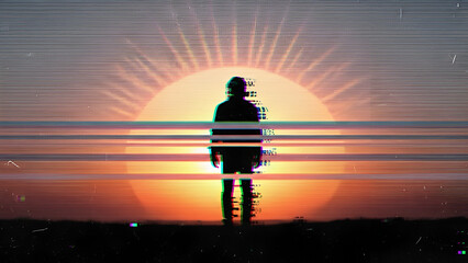 Silhouette figure watching the sunset with glitch art filter over a landscape