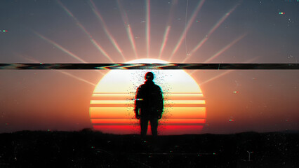 Silhouette of a figure against a sunset, with glitch effect and artistic intent
