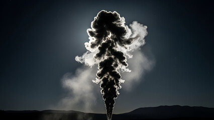 Silhouette of a plume of smoke rising against a dark sky and distant mountains