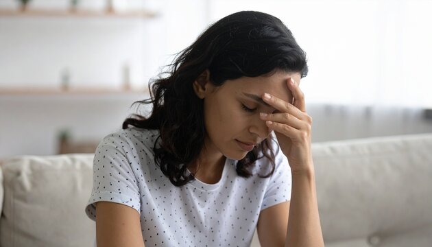 Distressed adult female suffering from a painful headache, feeling unwell and exhausted after a long day