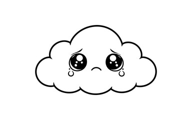 Cute sad cloud with tears and big eyes in black and white cartoon style