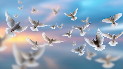 Obraz premium A Serene Scene of White Birds Soaring Gracefully Against a Beautiful Sky at Dusk with Soft Pastel Hues and a Tranquil Atmosphere