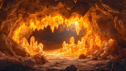 Illuminated subterranean cavern interior glows with intense warm light reflecting off numerous mineral formations
