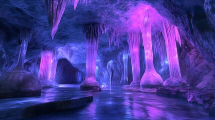 Illuminated subterranean cavern features massive glowing purple stalagmites and hanging formations above reflective water