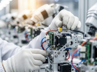 Close-up of hands assembling a robotic arm on a manufacturing line, for automation, industrial robotics, and smart factory technology topics.