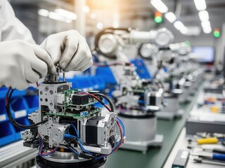 Close-up of hands assembling a robotic arm on a manufacturing line, for automation, industrial robotics, and smart factory technology topics.
