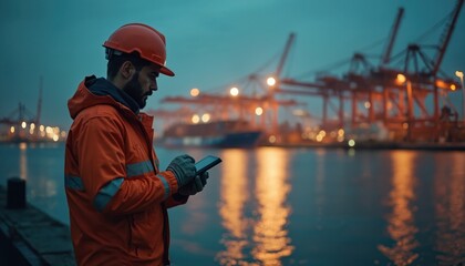 Port worker uses tablet device near sea at dusk. Man in hardhat and orange jacket controls logistics and checks data. Cranes and cargo ships at background at night. Maritime occupation.