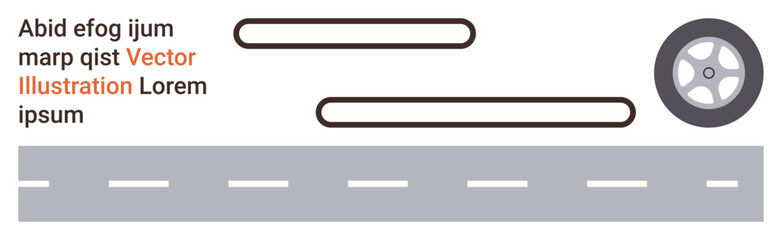 Transportation, road safety, auto design, travel , vehicle visuals, graphic layouts. A tire, dashed road and text elements on white. Transportation and road safety theme centerpiece © robu_s