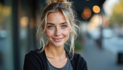 Portrait of young blonde woman. Girl smiles gently against blurred background. Confident face, clean skin, fair hair in bun. Modern look ideal for skincare or beauty ads, customer service and trust