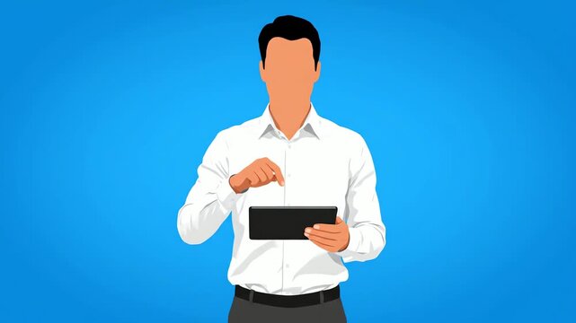 Professional Businessman Holding Digital Tablet and Pointing. Vector Illustration of Corporate Presenter or Teacher Interacting with Screen on Blue Background.