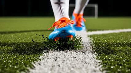 Kaki Pemain Sepak Bola Dengan Sepatu Biru Dan Kaos Kaki Putih Berdiri Di Lapangan Hijau