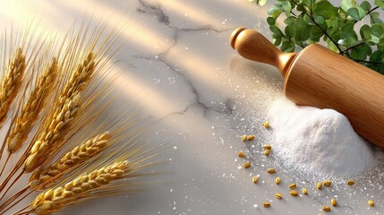 Golden wheat stalks, rolling pin, and flour on marble surface create a warm, inviting kitchen scene ideal for baking enthusiasts and culinary professionals alike.