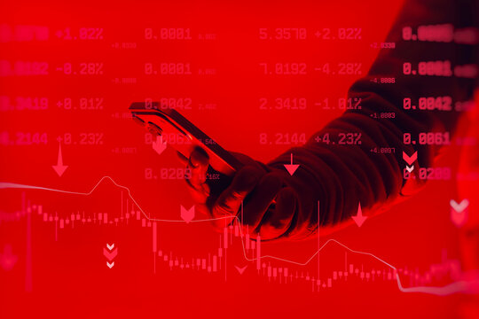 Hand holding smartphone with trading data and falling market charts on red background. Concept of financial crisis, stock market crash, crypto trading loss and investment risk. - Powered by Adobe