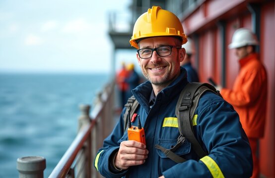 Smiling man in uniform stands on ship deck during the day. He wears glasses helmet and has a walkie-talkie. A seaman with other crew members on background.