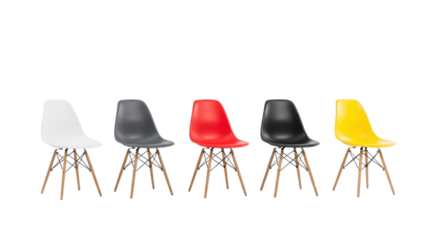 Five minimalist mid-century dining chairs, varied colors (red, yellow, black, white, gray) plastic seats, light oak legs, standing diagonally on a high-key transparent studio background, conveying