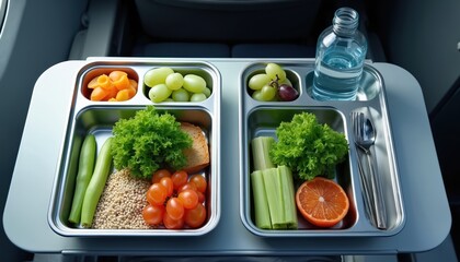 Airline meal tray presented with fresh fruit vegetable portions cutlery and water bottle. Healthy food lunch served in plane during flight. Concept for travel dining food service