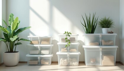 Clean storage bins arranged near plants. Clear plastic containers with lids are stacked neatly. Minimalist aesthetic. Home decor features organized items providing practical solutions.