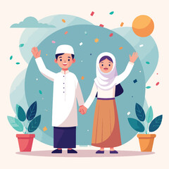 Obraz premium Muslim couple waving greeting for Eid and Ramadan flat vector illustration