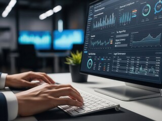 Close-up of hands typing analyzing financial data representing financial compliance tax reporting digital currency and legal governance