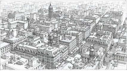 Obraz premium Bird eye perspective sketch of dense urban city view