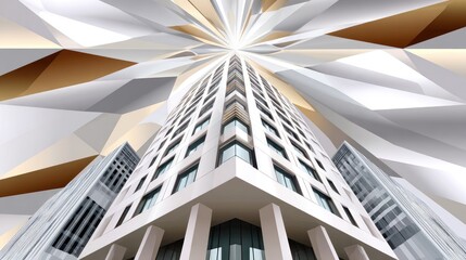 Obraz premium Modern architectural design with geometric patterns and sharp lines in a stunning upward perspective of a skyscraper in a vibrant city environment
