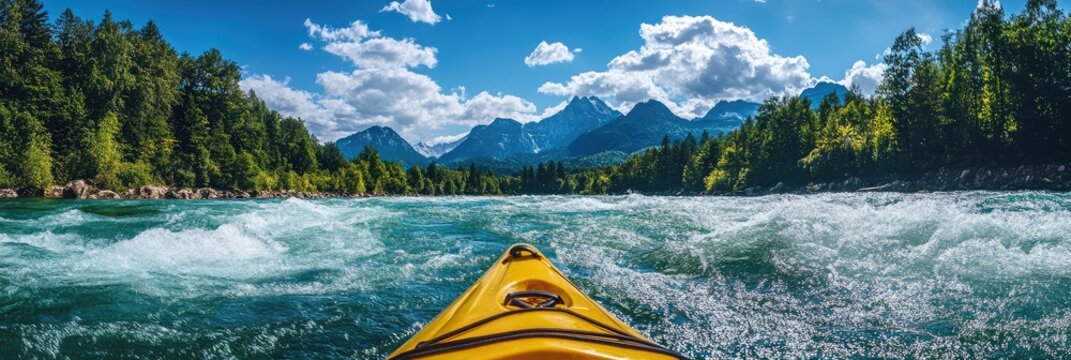 A yellow kayak is in the middle of a river