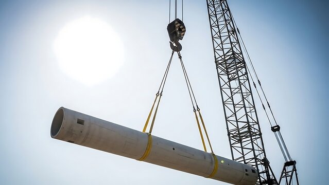 Construction crane lifting large pipe.