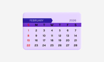 February 2026 calendar with a flat design and a purple color combination.