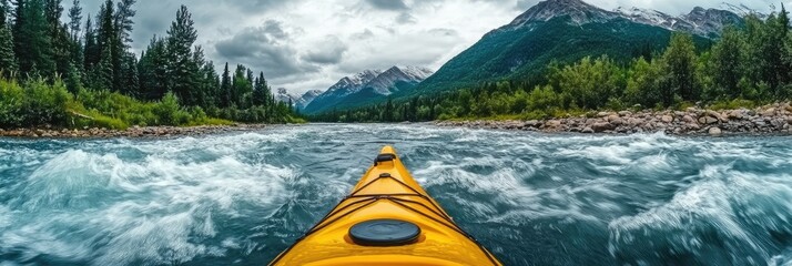 A yellow kayak is in the middle of a river