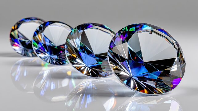 Stunning Close-Up View of Colorful Cut Diamonds Displayed Elegantly on a Reflective Surface with Soft Natural Lighting for Artistic Purposes