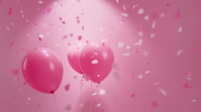 Romantic Scene with Pink Balloons and Flying Heart Shaped Confetti