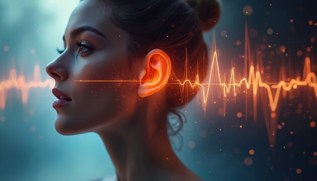 Sound wave enters woman ear showing hearing damage risk. Auditory system exposure to loud noise consequence. Loud sound wave analysis and ear health protection concept.