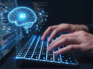 Close-up of hands typing code next to a virtual AI brain icon, symbolizing machine learning development and artificial intelligence programming for future tech solutions.