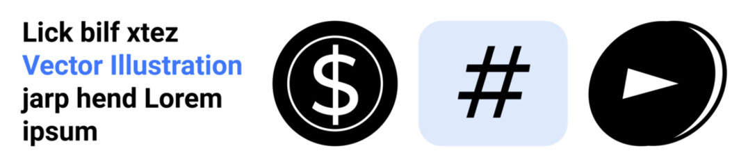 Obraz premium Black dollar symbol, metadata tag on a blue square, and triangular play button arranged in a row. Ideal for finance, trends, social media, branding, streaming, digital marketing simple landing page