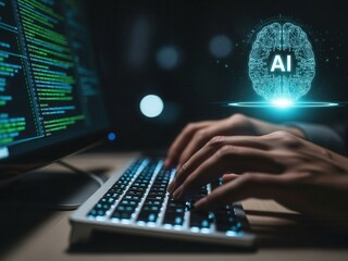 Close-up of hands typing code next to a virtual AI brain icon, symbolizing machine learning development and artificial intelligence programming for future tech solutions.
