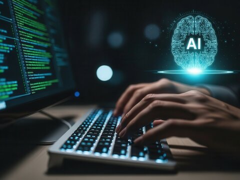 Close-up of hands typing code next to a virtual AI brain icon, symbolizing machine learning development and artificial intelligence programming for future tech solutions. - Powered by Adobe