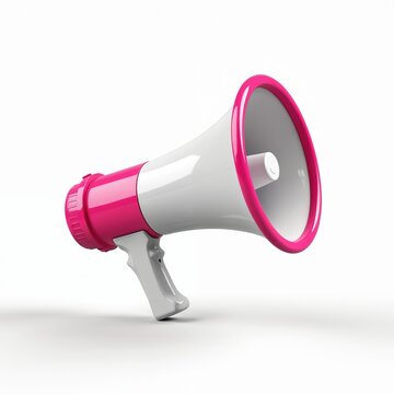 Pink white megaphone isolated on white. Loudspeaker for communication. Tool for announcements, promotions. Megaphone for marketing, sales. Voice amplification device, attention getter, bullhorn for