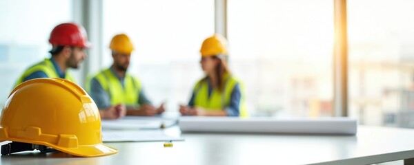 Team of construction workers discuss new project with blueprints. Yellow hard hat in focus construction site safety meeting. Engineers, architect at work planning building. Construction team meeting.