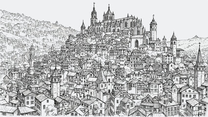 Obraz premium Dense historic hillside town with classic european architecture sketch