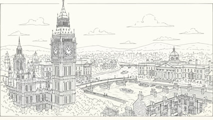 Fototapeta premium London big ben elizabeth tower and city skyline sketch