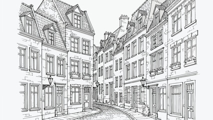 Fototapeta premium Old european town narrow street with historic buildings sketch