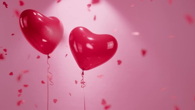 Romantic Scene of Red Heart Balloons and Falling Heart Shaped Confetti
